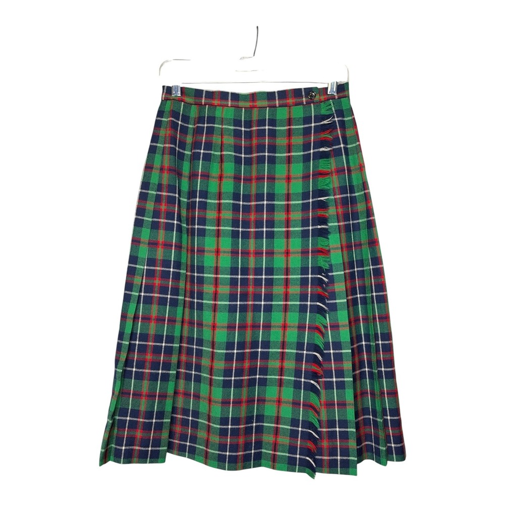 Vintage Carroll Reed Wool Plaid Kilt Skirt Green Navy Red Fringed Midi Pleated